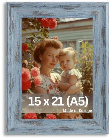 VictoR Bilderrahmen Vintage Vincent in Grau Blau 15x21 cm (A5) - Vintage Fotorahmen Landhaus - Deko Rahmen mit bruchsicherem Acrylglas - Bilderrahmen A5 Grau