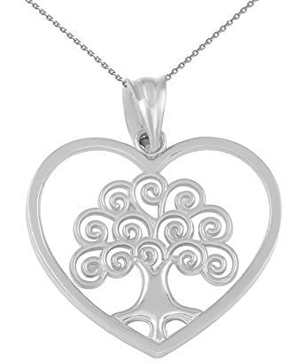 9 ct White Gold Tree of Life Open Heart Filigree Pendant Necklace (Available Chain Length 16- 18- 20- 22) 16