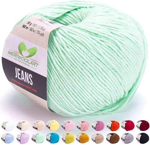 MeriWoolArt® Minze Baumwollgarn zum Stricken und Häkeln, Textilgarn, Stoffgarn, Baby Wollgarn für Handarbeiten, Babykleidung, Amigurumi, Babydecke, Pullover, Mützen und Accessoires