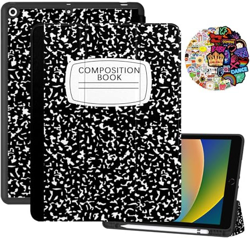 Cabreche Compatible with iPad 10.2 inch Case 9th /8th /7th Generation (2021/2020/2019) Pencil Holder Stickers Auto Sleep/Wake Cover Girls Women Cute Preppy Notebook Composition Book-Black Classic