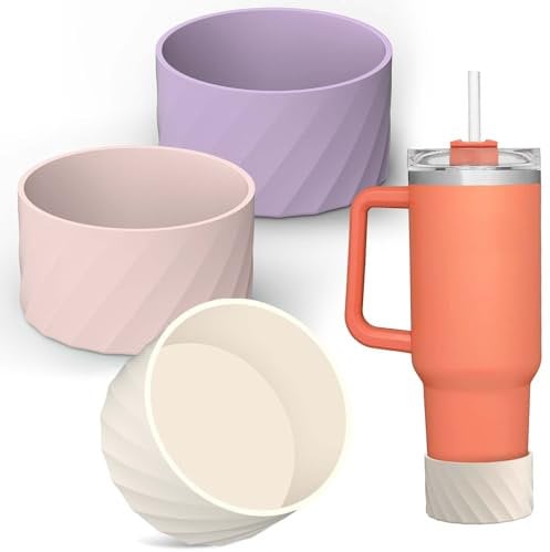 AIERSA 3Pcs Silicone Boot Sleeve for Stanley Quencher 40oz 30oz Tumbler with Handle,for IceFlow 20oz 30oz,Protective Water Bottle Bottom Bumper Cover for Stanley Cup Accessories,Cream,Rose Pink,Purple