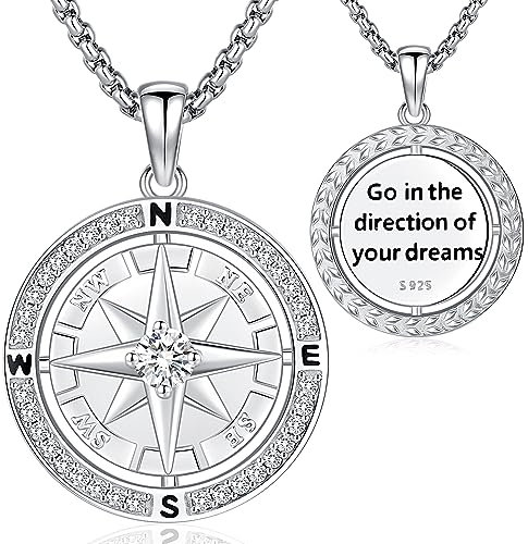 Kompass Halskette für Herren Damen Kompass Anhänger Kette 925 Sterling Silber Halskette Wikinger Kompass Schmuck für Herren Frauen