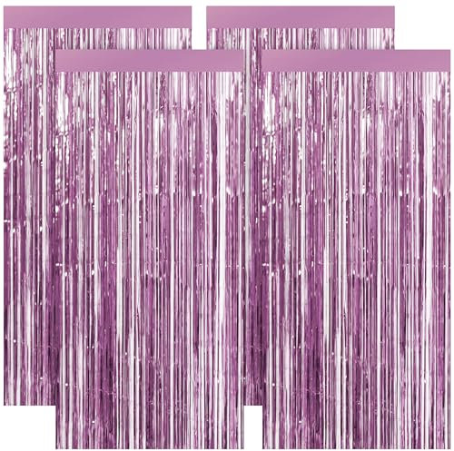 4er Pack Lametta Vorhänge Glitzer - Ajerg Metallic Tinsel Vorhänge Party Deko, Wiederverwendbar Foto Hintergrund Folien Fransen Luftschlangen Deko für Geburtstag, Hochzeit, Disco, Neujahr (Rosa)