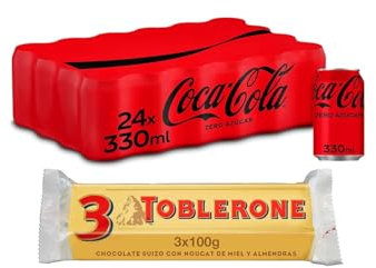 Coca-Cola Zero Azúcar, Pack de 24 latas de 330ml + Toblerone Chocolate con Leche Suizo con Nougat de Miel y Almendras Pack 3 x 100g