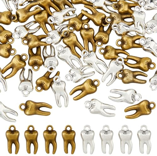 DICOSMETIC 60 Stück Legierungs Zahn Charms - 2 Farben Tibetisches Silber Zahnhygieniker Anhänger - Metall Zahnarzt Charm Für DIY Halskette Schmuckherstellung - Bohrung: 1.6 mm