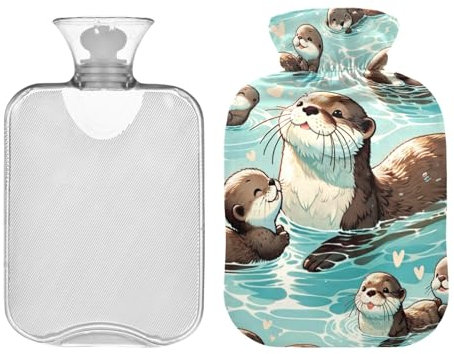 Cute Otters Hot Water Bottle with Cover, Hot Water Bag for Menstrual Cramps Neck and Shoulder Pain Relief, Period Warmer for Cramps 1L