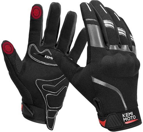 KEMIMOTO Motorrad Handschuhe, Motorradhandschuhe Herren mit Touchscreen, Knöchelschutz, Sommer Handschuhe für Mountainbike, Fahrrad, Motorcross, Roller, Wandern, Klettern Schwarz L
