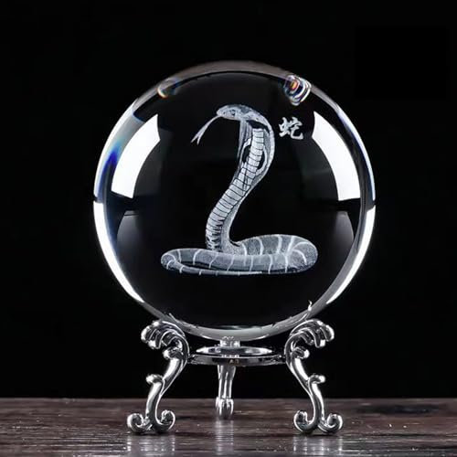 WXMYOZR Animales de bola de cristal 3D Figuras chinas zodiacas con soporte de metal feng shui vidrio esfera decoración del hogar,Snake,Big
