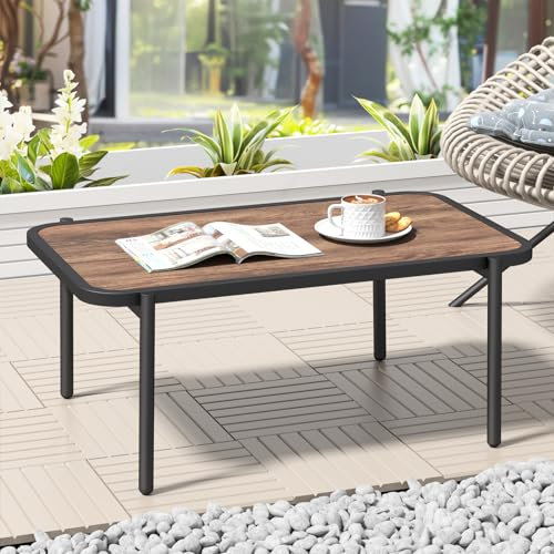 C-Hopetree Small Metal Patio Garden Coffee Table for Outside, Outdoor Side Table with Woodgrain Top