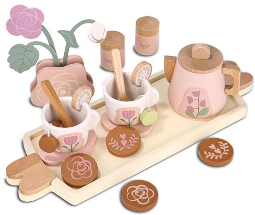 Service à Thé en Bois pour Enfants, Accessoires de Cuisine pour Enfants, Jouets en Bois, Jouets de Jeu de rôle, Tea Party Cadeau pour Garçons et Filles, Cadeaux pour Tout-Petits de 3, 4, 5, 6 Ans