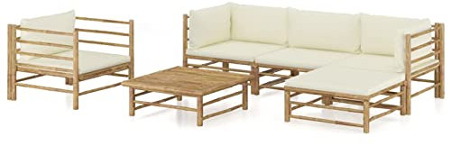 ARKEM Salon de Jardin 6 pcs avec Coussins Blanc crème Bambou,Terrasse Jardin Exterieur,Salon De Jardin Bas,Sièges De Terrasse