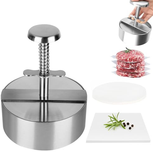 PZJFH Hamburgerpresse, Steakpresse aus Edelstahl, 4,5 Zoll, Antihaft-Füllpresse mit 200 Blatt Silikonpapier für Hamburger-Liebhaber, Party, Grill