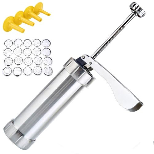 GebäCkspritze Aus Edelstahl Cookie Press Stainless Steel Cookie Press Tool Kit Biscuit Maker Maker Press Machine with 20 Cookie Discs 4 Nozzles GebäCkspritze