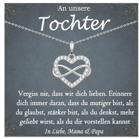 FAOMZQ Geschenk für Tochter, An meine Tochter Halskette, Infinity Herz Kette für unsere Tochter von Mama und Papa zum Geburtstag Abschluss Einschulung Weihnachten