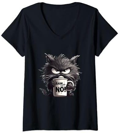 Femme Euhm Nö, Drôle de chat noir avec tasse à thé et café T-Shirt avec Col en V