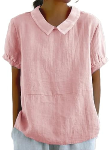 shownicer Chemise Coton Et Lin pour Femmes Chemisier Col Rond Manche Courte Tops Grande Tailles Couleur Unie LâChe Respirant T-Shirts Tunique Blouse Hauts A Rose M