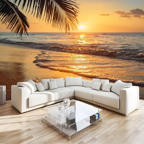 Papier Peint Panoramique 3D Coucher de Soleil OcéAn Plage intissé Murale Multicolore pour Salon Chambre d'enfants restaurant Décoration Murale Poster, 300x210cm