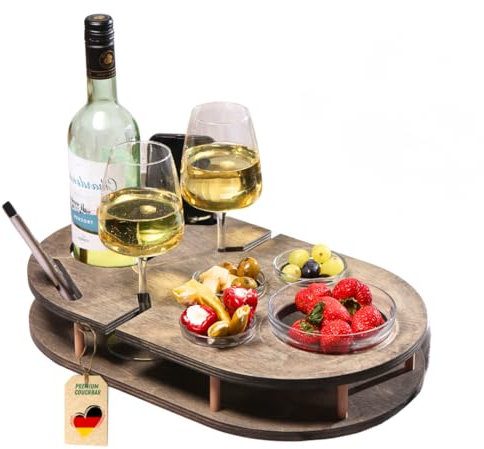 Couchbar Weinbar in grau mit 4 Glasschalen | PERSONALISIERBAR | Snackbox für Wein mit Getränkehalterung für Weingläser und Weinflasche | Sofabar für Snacks | Couchbar Snackbox personalisiert
