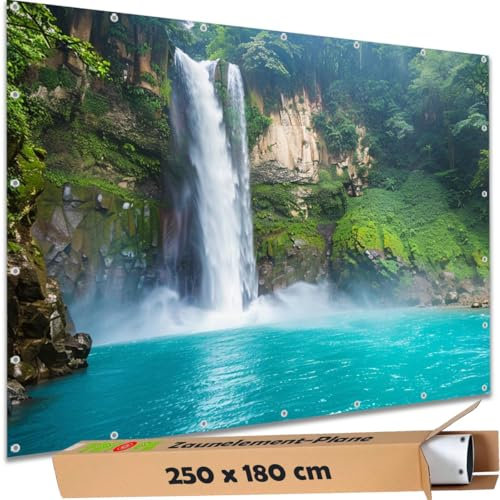TRIOSK Sichtschutz Garten Deko Zaun Plane Blickdicht groß mit Zaunblende Motiv Wasserfall Tropen See Türkis für Zaunelement Doppelstabmatten Stabmattenzaun Gartenzaun PVC 250x180 cm