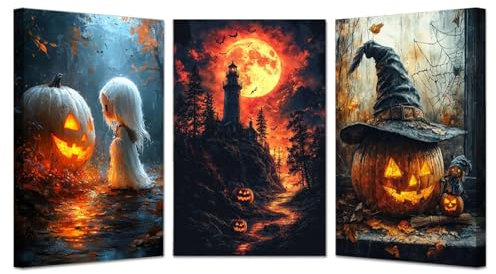 JOSUE Set 3 Teilig Orange, schwarz Halloween Deko Bilder Poster Leinwand Bilder, Kürbis-Geist Bilder Wanddekoration Wohnzimmer Schlafzimmer Wanddeko-50x70cmx3 Gerahmt