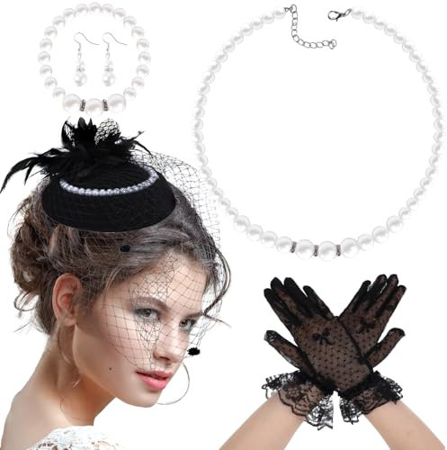 Abeillo 5 Stück Vintage Fascinator Hut, Schwarz für Damen, Schleier Spitzen-Fascinator Mit Lace Handschuh Perlenkette Ohrringen für Frauen und Mädchen Teeparty Kopfbedeckung Hochzeit