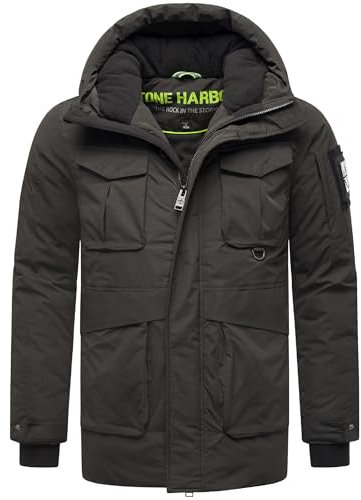 STONE HARBOUR Herren warme kurze Winterjacke mit magnetischer Abdeckleiste und verstellbarer Kapuze Edriik XX Black Gr. M