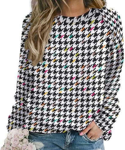 TZTTZT Schwarz-weißes Sweatshirt mit Hahnentrittmuster und Rundhalsausschnitt für Damen – Herbst Winter Mode Outfits Tops für Frauen 2024