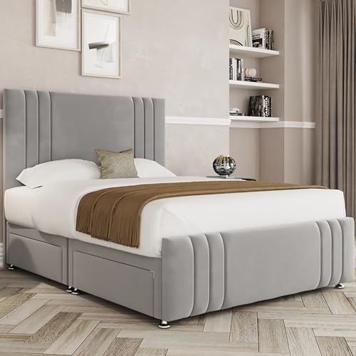 THE BED VILLAGE YORKSHIRE Ripon with Footboard Small Double (4ft) Divan Bed with Mattress, Headboard & 4 Drawers | Silver Grey Plush Fabric | Premium British Timber | Sustainable Handcrafted Design