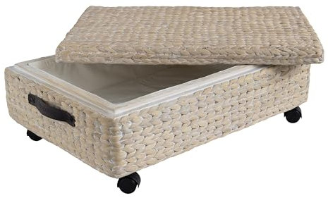 happimess BSK1006D Chett Minimalistischer handgewebter Unterbett-Aufbewahrungskorb aus Hyazinth/Holz, 67 cm, mit Rollen und Griffen, Weiß Waschung/Dunkelbraun zur Aufbewahrung und Dekoration im