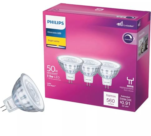 Philips MR16 GU5.3 LED Floodlight 50W Equivalent, Dimmable, Bright White 3000k- 3 Pack