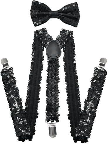 Alovez Pailletten Hosenträger Set Glitzer Fliege Schwarz Y Clip mit Glitzer Fliege Krawatte Schleife Kostümzubehör für Disco Karneval Mottoparty