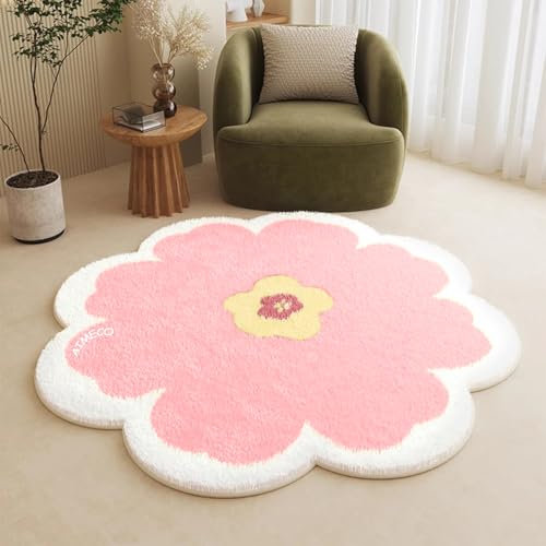 AIMECO Kleiner Kinderteppich Rund 80CM Rosa Blumen - Weicher Kuscheliger Teppich für Kinderzimmer Mädchen Schlafzimmer, Dünn & Pflegeleicht