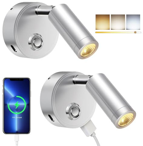 ERWEY 2 Stück LED Leselampe 12V Wohnmobil Touch Dimmbar 3 Farbtemperatur Modi mit Ladefunktion USB A+C-Anschlüssen, DC 12V-24V Spot Innenbeleuchtung für Boot Auto Camper Van Yacht, Silber