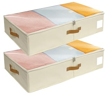 SYEXDZON Under Bed Storage Boxes with Sturdy Sidewalls Plate, 2pack Clothes Organisers with lids, PVC Window for Comforters, Duvets, Blankets, Shoes, Bedding (Beige, No base plate)