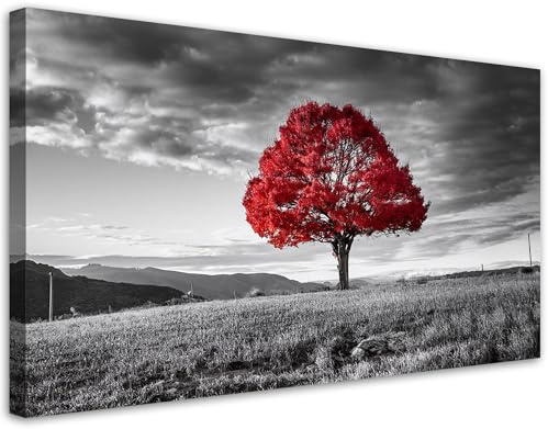 Feeby - Impression sur Toile - Tableaux Decoratifs Muraux - Arbre rouge dans un paysage de prairie - 120x60 1partie - Decoration Salon - Photo sur toile Cadeau - Tableau toile pour le mur