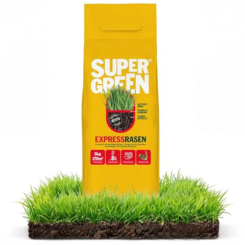 SUPERGREEN Expressrasen/Vertikutier-Mix 2in1 | 5kg | Rasensamen & Langzeitdünger für schnellkeimenden & dichten Rasen | Ideal für Nachsaat & Neuansaat | RSM Qualität & Mantelsaat® Vital | Premium