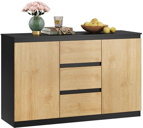 WLIVE Sideboard Cabinet with 3 Drawers 2 Doors, 120 x 75 x 40cm, Oak Black | Modern Kitchen Storage Cupboard, TV Cabinet, Buffet Table for Dining Room Living Room Hallway