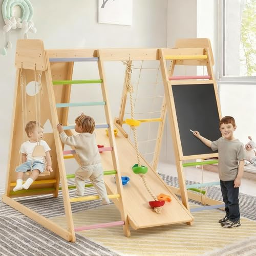 Klettergerüst Indoor,9 in 1 Indoor-Spielplatz,Geeignetes klettergerüst Indoor ab 3 Jahre mit Kletterwand, Kletterseil,Wandtafel,Affenbar...