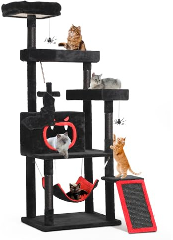 DWVO Gothic Kratzbaum, 160 cm hoher Katzenturm für Hauskatzen mit Sitzstange, geräumigen Katzenhäusern, Spinnen-Hängebällen, gemütlicher Hängematte, Kratzbaum und Leiter, Schwarz Halloween