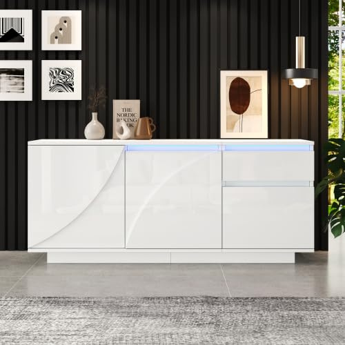 Merax Sideboard mit LED-Beleuchtung, Hochglanz-Kommode, 140 cm Weißer Wohnzimmerschrank mit 3 Schränken und 1 Schublade, Verstellbare Regale, Multifunktionaler Aufbewahrungsschrank