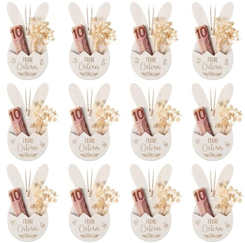 Otuuz 12 Stück Ostern 3D Geldgeschenk Verpackung | 12 cm Holz Ostereier im Osterhase, Getrocknete Blumen Set, Kreative Frohe Ostern Geschenke, Für Familie Kollegen Freunde
