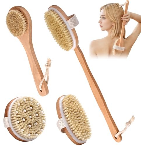 Gykutix Set di 4 Spazzola Schiena Doccia Spazzola Corpo a Secco Setole Naturali, Dry Brushing per Esfoliazione, Pulizia Della Pelle e Riduce al Minimo La Cellulite