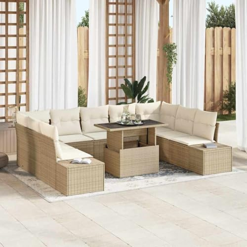 Tonture Gartensofa-Set mit Kissen, 10-teilig, Beige und Creme Poly-Rattan, höhenverstellbarer Tisch für Außenbereich, Terrasse, Balkon