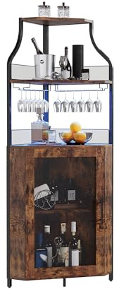 Eck-Weinschrank 154 cm – Bar Schrank Im Industrial Design Mit Glashalter, Gittertür & Verstellbaren Regalen – Platzsparender Eck-Barschrank Für Wohnzimmer, Küche & Esszimmer,Vintage-Farbe +Lampe