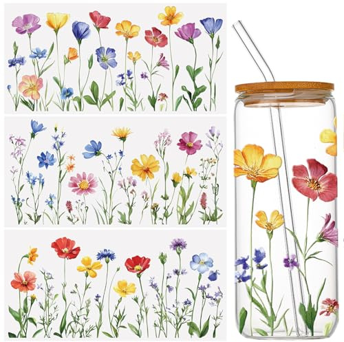 WANDIC 3 Bögen UV DTF Rub on Sticker, Farbe Wildblumen Thema Cup Warp Transferaufkleber Wasserdicht Scrapbook Junk Journal Handarbeiten DIY-Kunsthandwerk Dekor für Möbel Glas Keramik Holz, 15x30cm