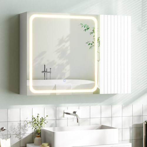 FORABAMB Specchio Bagno Contenitore 80x60x16cm con Luce LED, Specchiera Bagno con Scaffali Regolabili, Mobile Bagno Sospeso con Specchio ad Alta Definizione, Tre Tonalità Colore, Touch Control, Bianco
