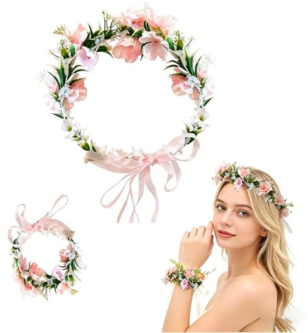 ARYIMYDP Set aus Blumenkränze&Wristband, Haarschmuck für die Kommunion, Set aus Blumenkranz, Kamelien-Haarbänder, Blumenhaarschmuck für Hochzeiten, Feste, Partys und den Strand