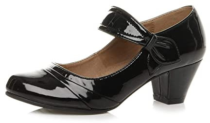 Ajvani Womens Ladies mid Heel Mary Jane Strap Smart Work Comfort Court Shoes, Black Patent, 6 UK