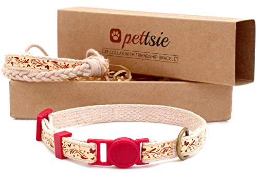 Pettsie Breakaway Kitten Collar & Matching Bracelet, Adjustable Safety Collar for Kittens, Soft Cotton, Lightweight, Stylish Design, Red