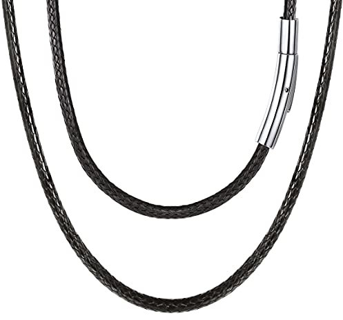 FOCALOOK 60CM Halskette personalisiert Kunstleder Collier Wachsschnur Kette 3mm breit Schwarz Geflochten Lederkette Name Gravur Lederband mit Edelstahl Verschluss für Männer Frauen Jungen Mädchen